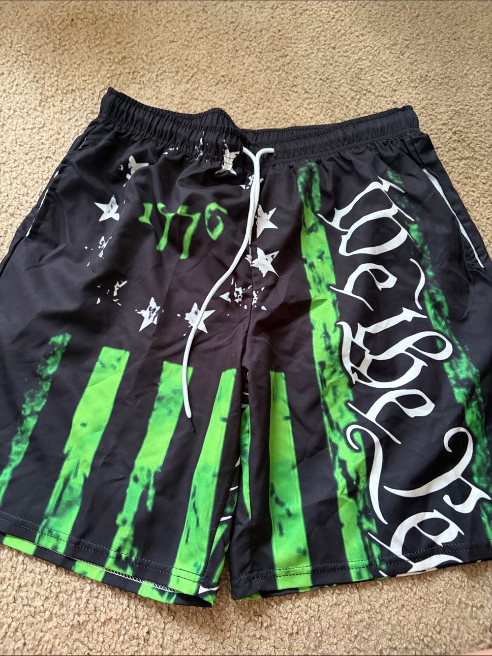 Affliction Black and Neon Green Graphic Athletic Shorts
